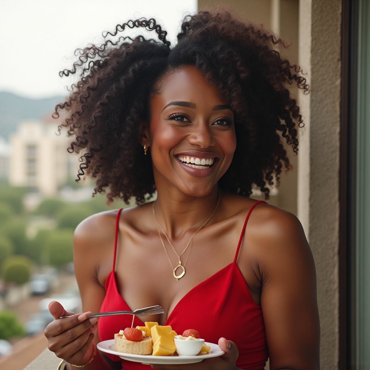 A beautiful black woman with curly hair, smiling, wearing a red low-cut dress, a lovely bust, and a gold necklace, is having lunch on her hotel room balcony.