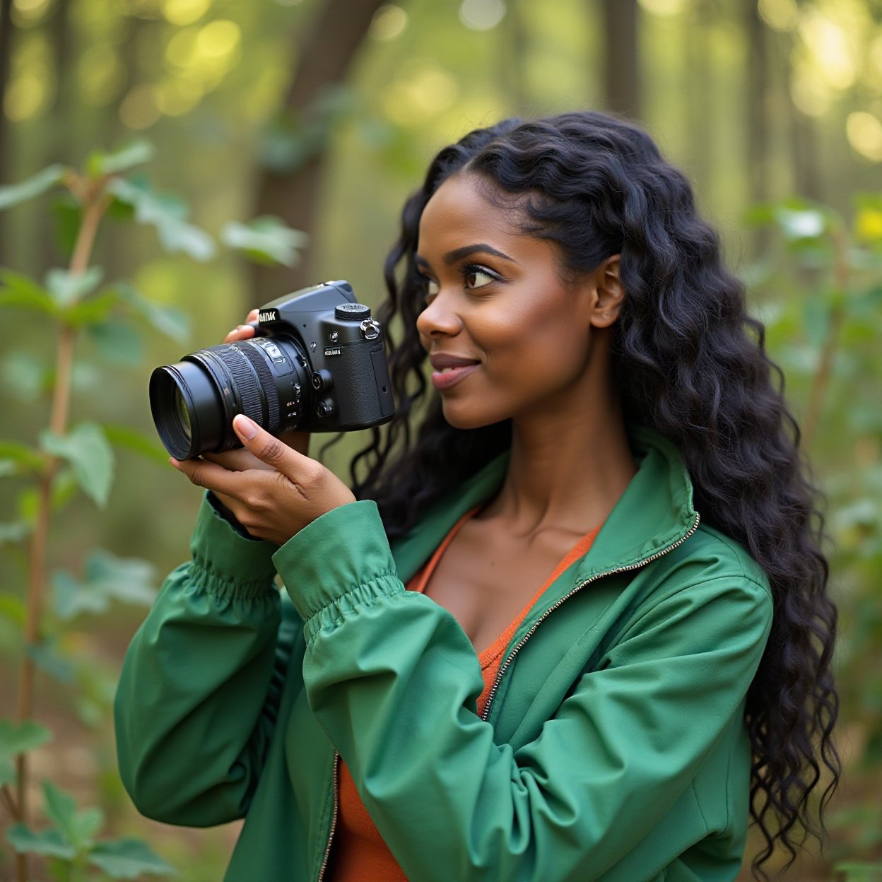 A beautiful black woman, with long black hair, a beautiful chest, and a flashy green jacket, is taking pictures of nature with a camera. A beautiful black woman, with long black hair, a beautiful chest, and a flashy green jacket, is taking pictures of nature with a camera.