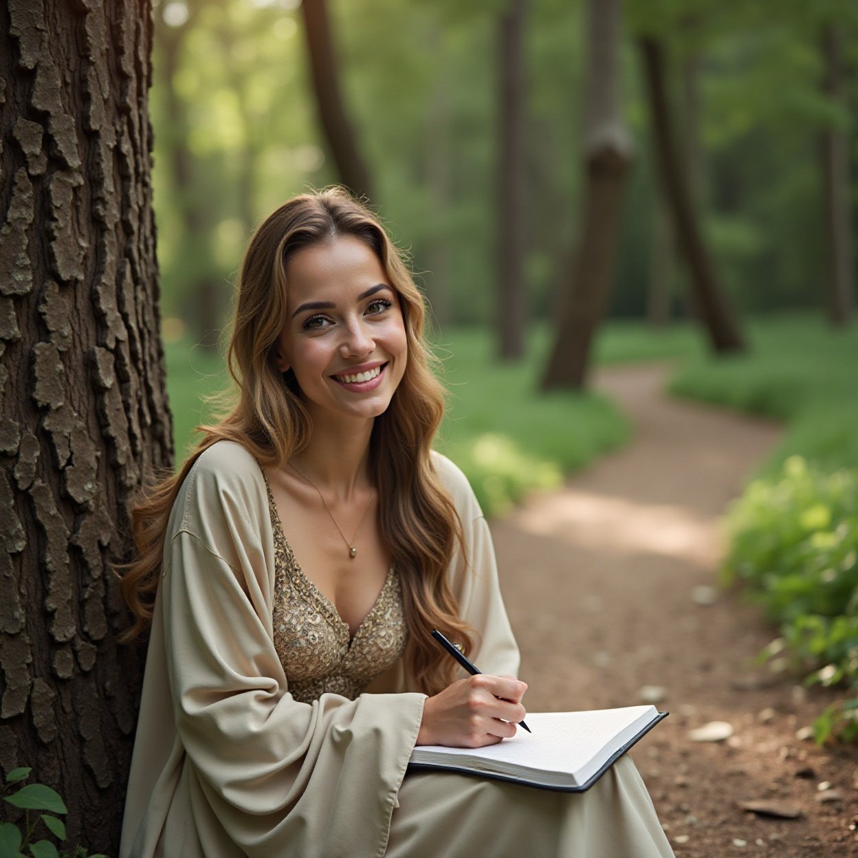 A beautiful, smiling Arab woman with a lovely bosom, long hair, sitting at the foot of a tree on a forest path, is writin A beautiful, smiling Arab woman with a lovely bosom, long hair, sitting at the foot of a tree on a forest path, is writin