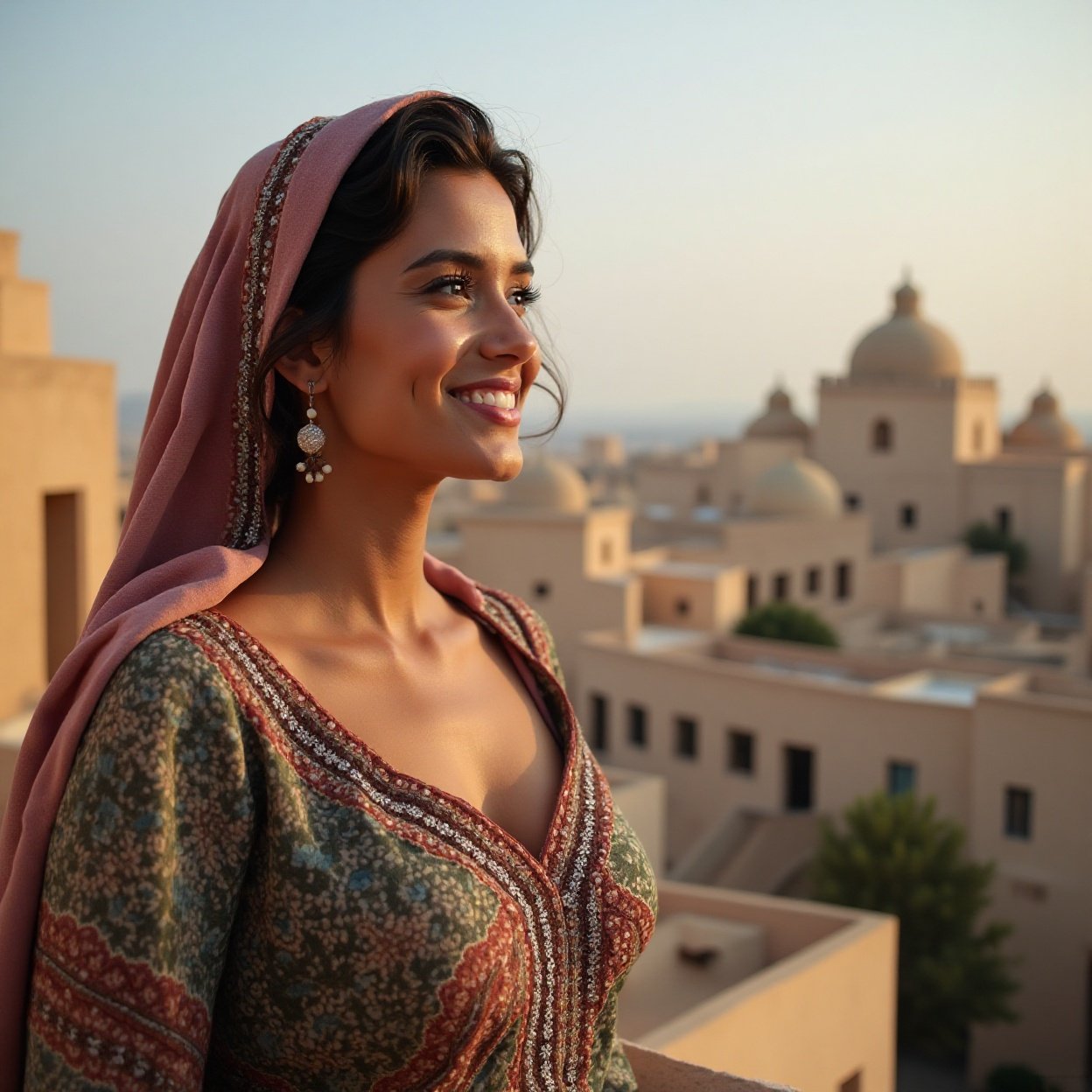 A beautiful, smiling Arab woman with a lovely bosom, looking at the town A beautiful, smiling Arab woman with a lovely bosom, looking at the town