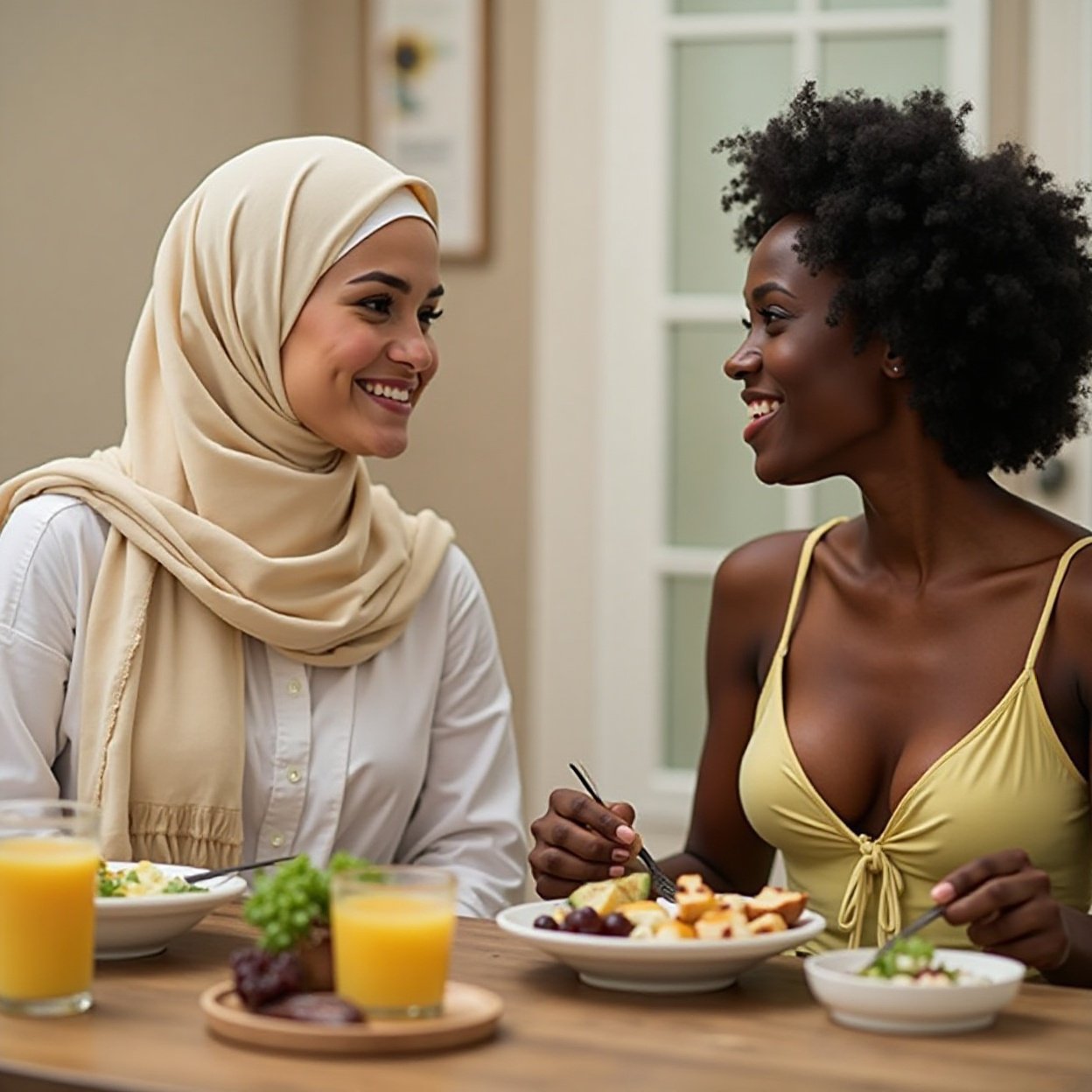 A beautiful, smiling Arab woman with a lovely bust, dressed in white, shares her meal with a Black woman with a lovely bust, A beautiful, smiling Arab woman with a lovely bust, dressed in white, shares her meal with a Black woman with a lovely bust, dressed in a yellow tank top.