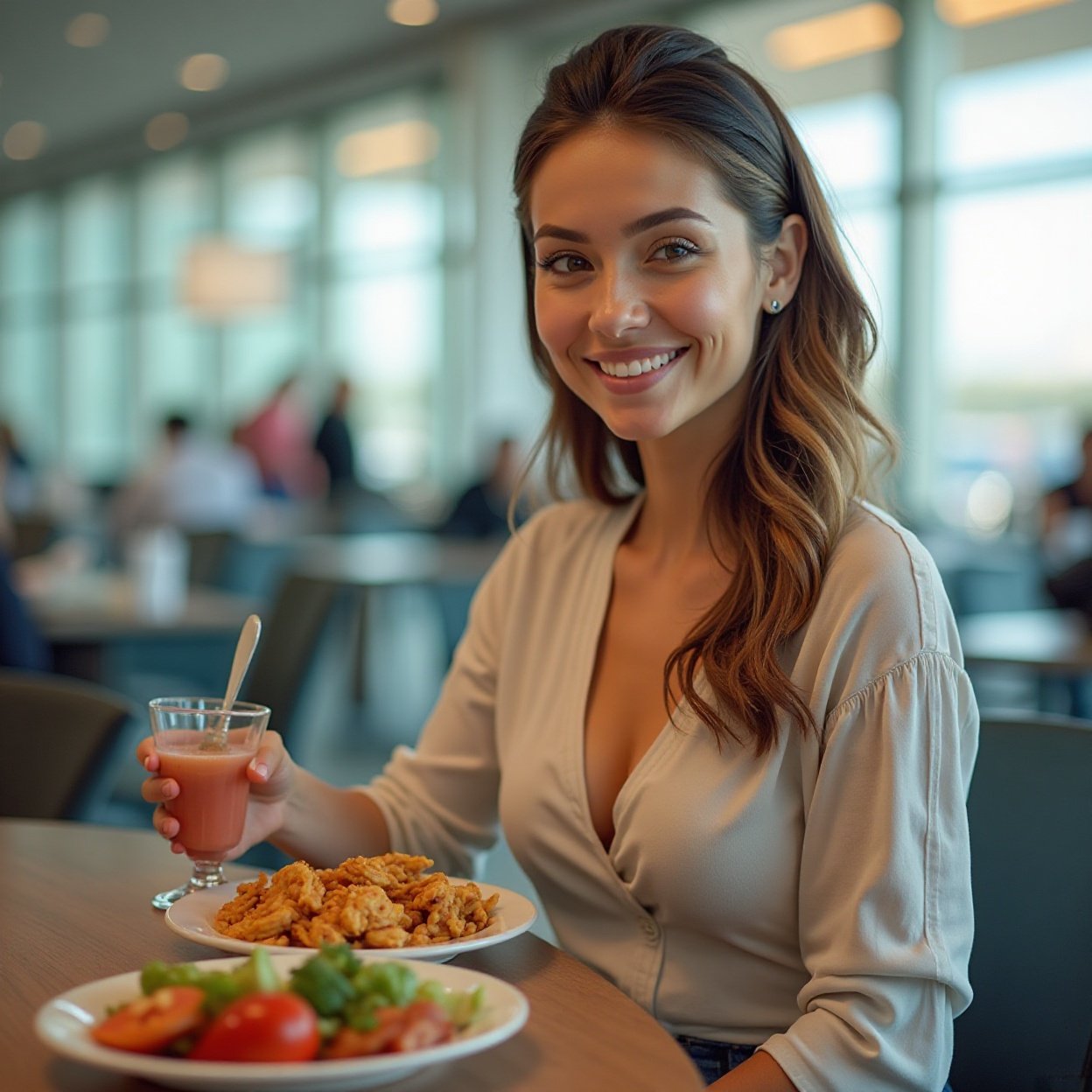 A beautiful, smiling Arab woman with a lovely bust, having lunch at the airport. A beautiful, smiling Arab woman with a lovely bust, having lunch at the airport.