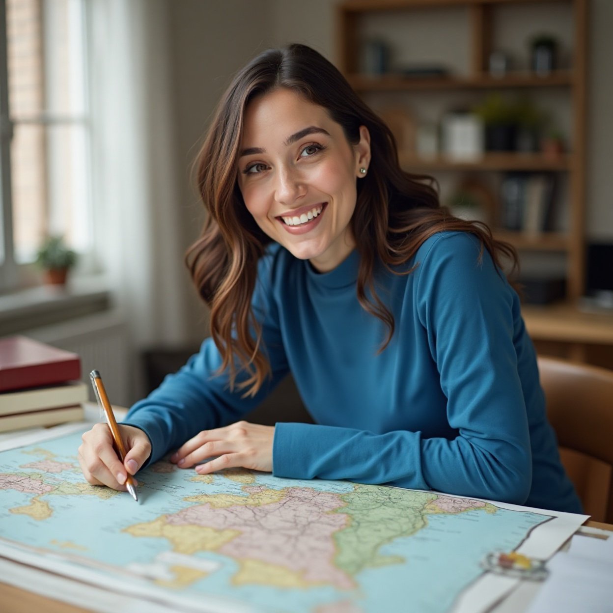 A beautiful, smiling Arab woman with a lovely figure, dressed in blue, is preparing her itinerary on a map on a table A beautiful, smiling Arab woman with a lovely figure, dressed in blue, is preparing her itinerary on a map on a table.