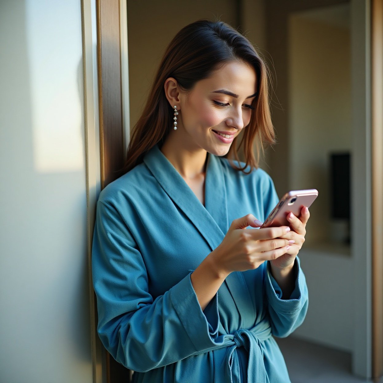 A beautiful, smiling Arab woman with a lovely figure, in her blue bathrobe, looking at her phone A beautiful, smiling Arab woman with a lovely figure, in her blue bathrobe, looking at her phone