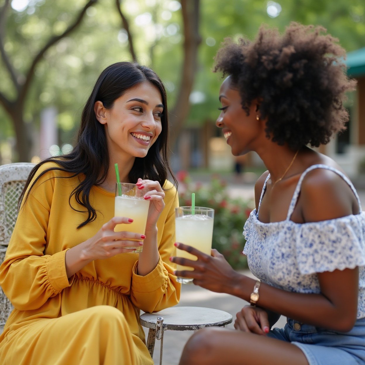 A beautiful, smiling Arab woman with a lovely figure is chatting with a Black woman while drinking a glass of lemonade. A beautiful, smiling Arab woman with a lovely figure is chatting with a Black woman while drinking a glass of lemonade.