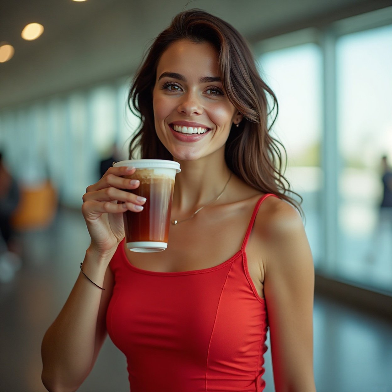 A beautiful, smiling Arab woman with a lovely figure, wearing a bright red tank top, is having coffee at the airport A beautiful, smiling Arab woman with a lovely figure, wearing a bright red tank top, is having coffee at the airport.