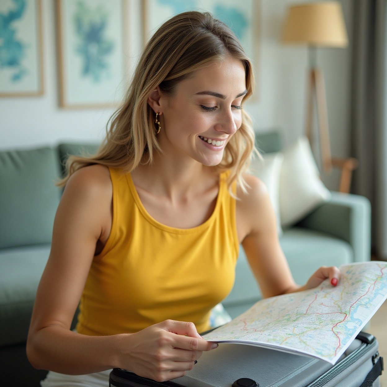 A beautiful, smiling Arab woman with a lovely figure, wearing a yellow tank top, is looking at a map while packing her suitcase A beautiful, smiling Arab woman with a lovely figure, wearing a yellow tank top, is looking at a map while packing her suitcase.