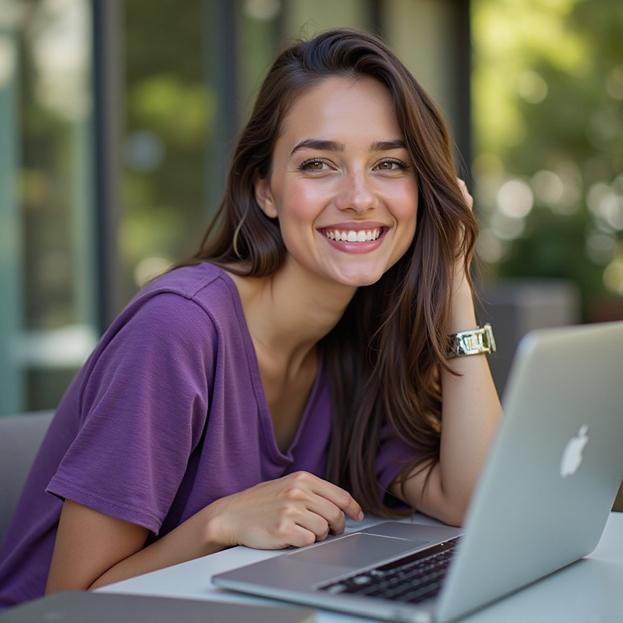 A beautiful, smiling Arab woman with long hair and a lovely figure, wearing a flashy purple t-shirt, is resting next to her computer. She works outside.