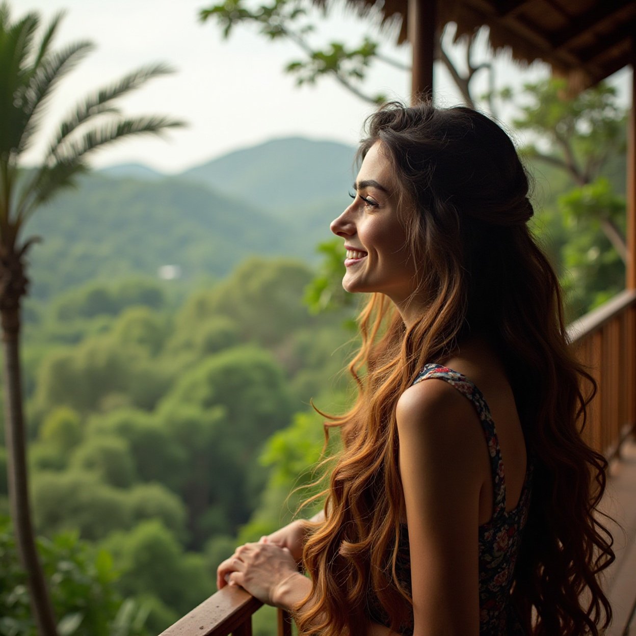A beautiful, smiling Arab woman with long hair, looking out at the forest from her terrace