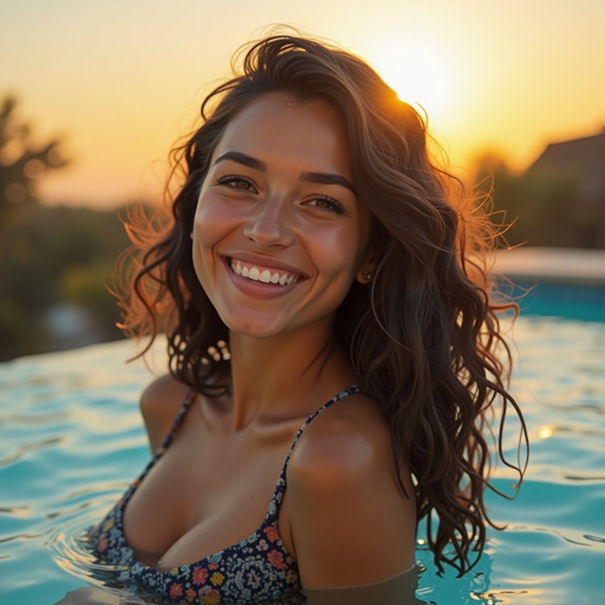 A beautiful, smiling Arab woman with long hair, relaxing in the pool at sunset.