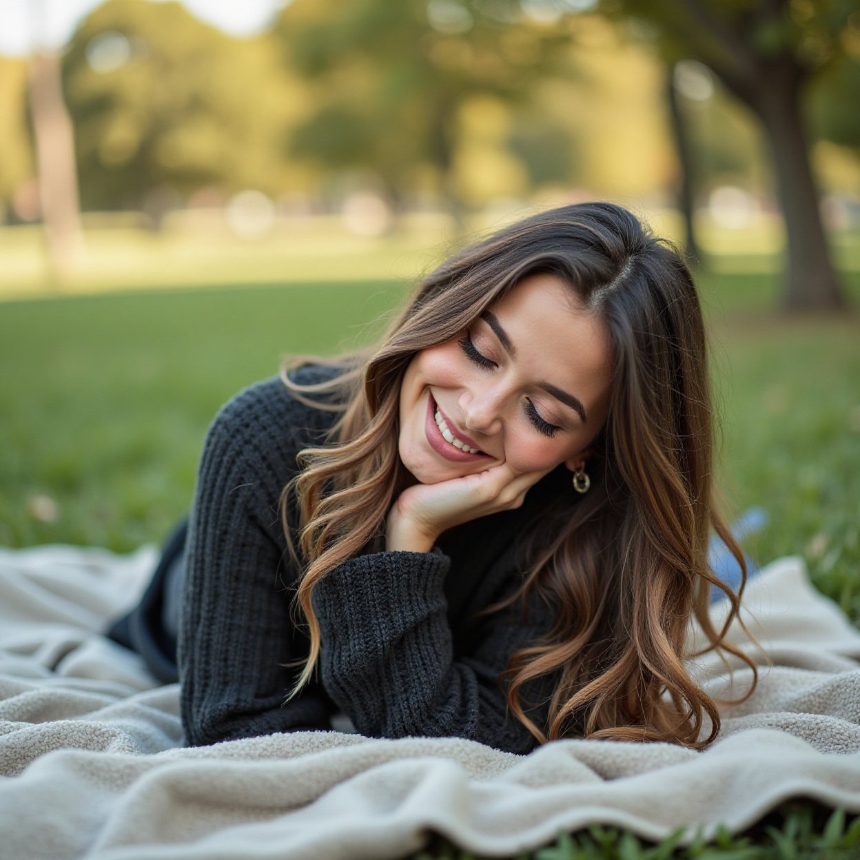 A beautiful, smiling Arab woman with long hair, sleeping on a blanket outside in the park