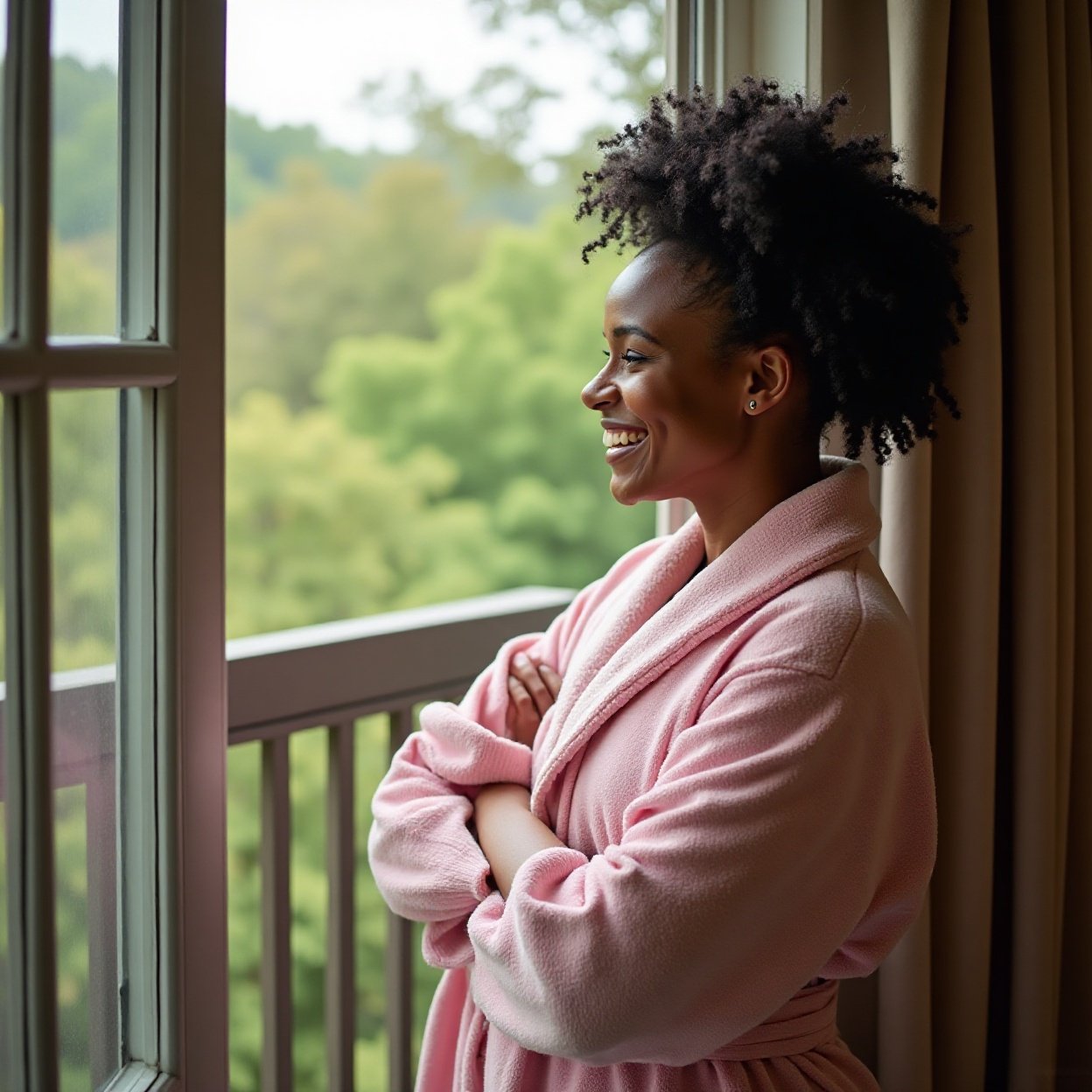 A beautiful, smiling Black woman in a bathrobe, looking out from her balcony at the wooded park