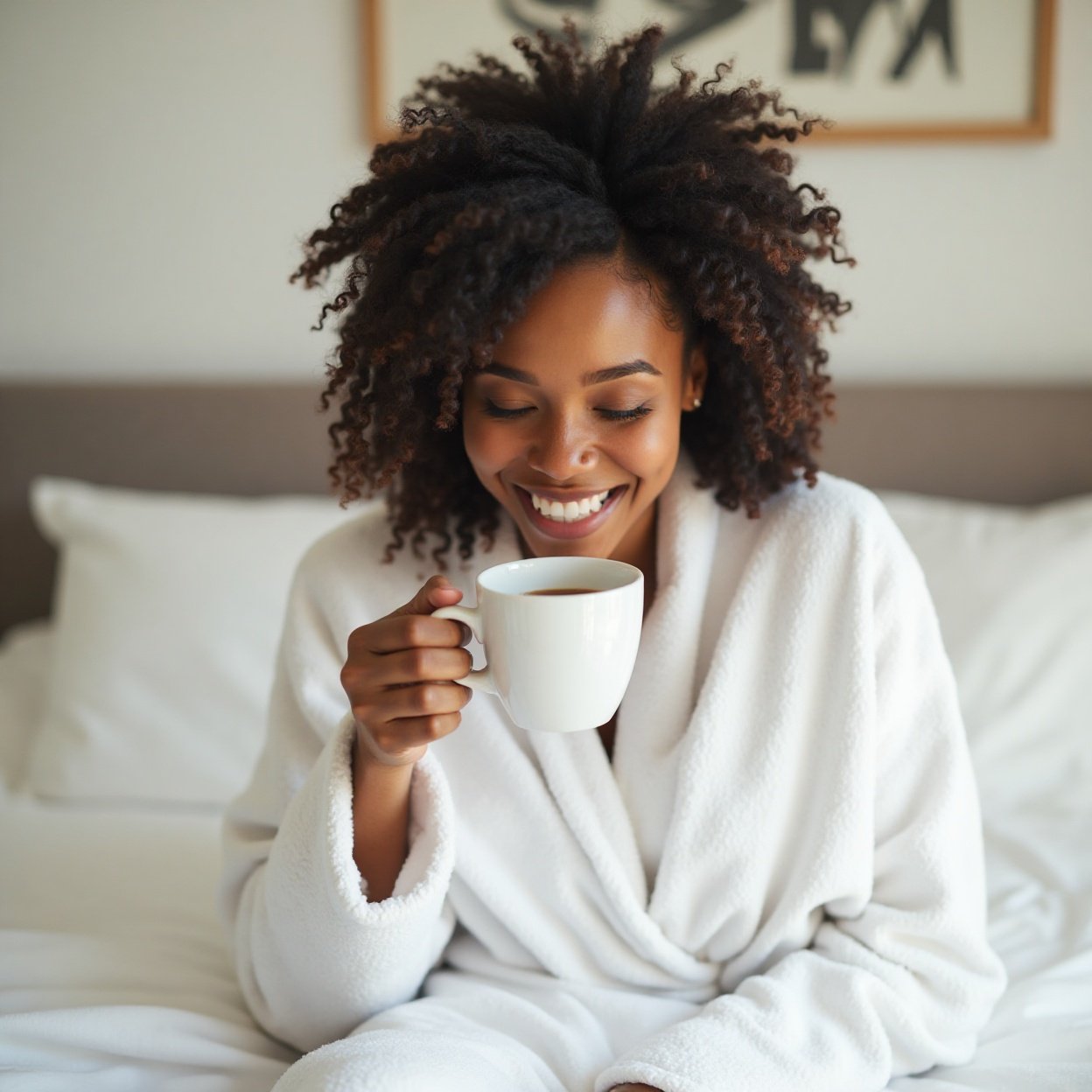 A beautiful, smiling Black woman in a white bathrobe, drinking coffee in her bed A beautiful, smiling Black woman in a white bathrobe, drinking coffee in her bed