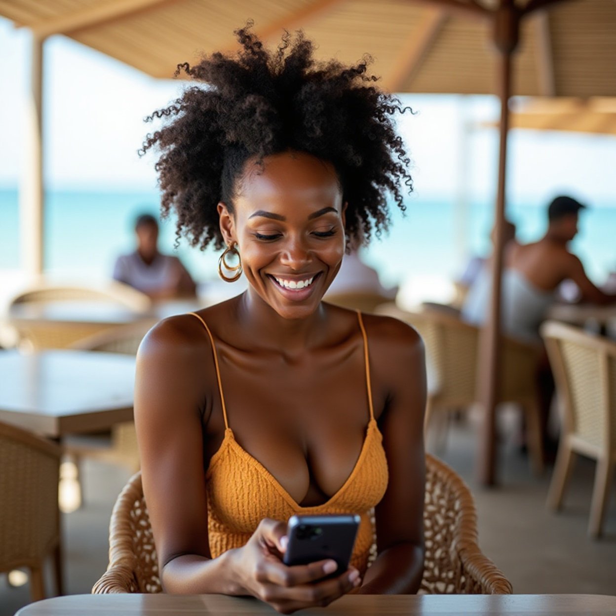 A beautiful, smiling Black woman with a lovely bust, sitting at a beachside restaurant, looking at her phone A beautiful, smiling Black woman with a lovely bust, sitting at a beachside restaurant, looking at her phone.