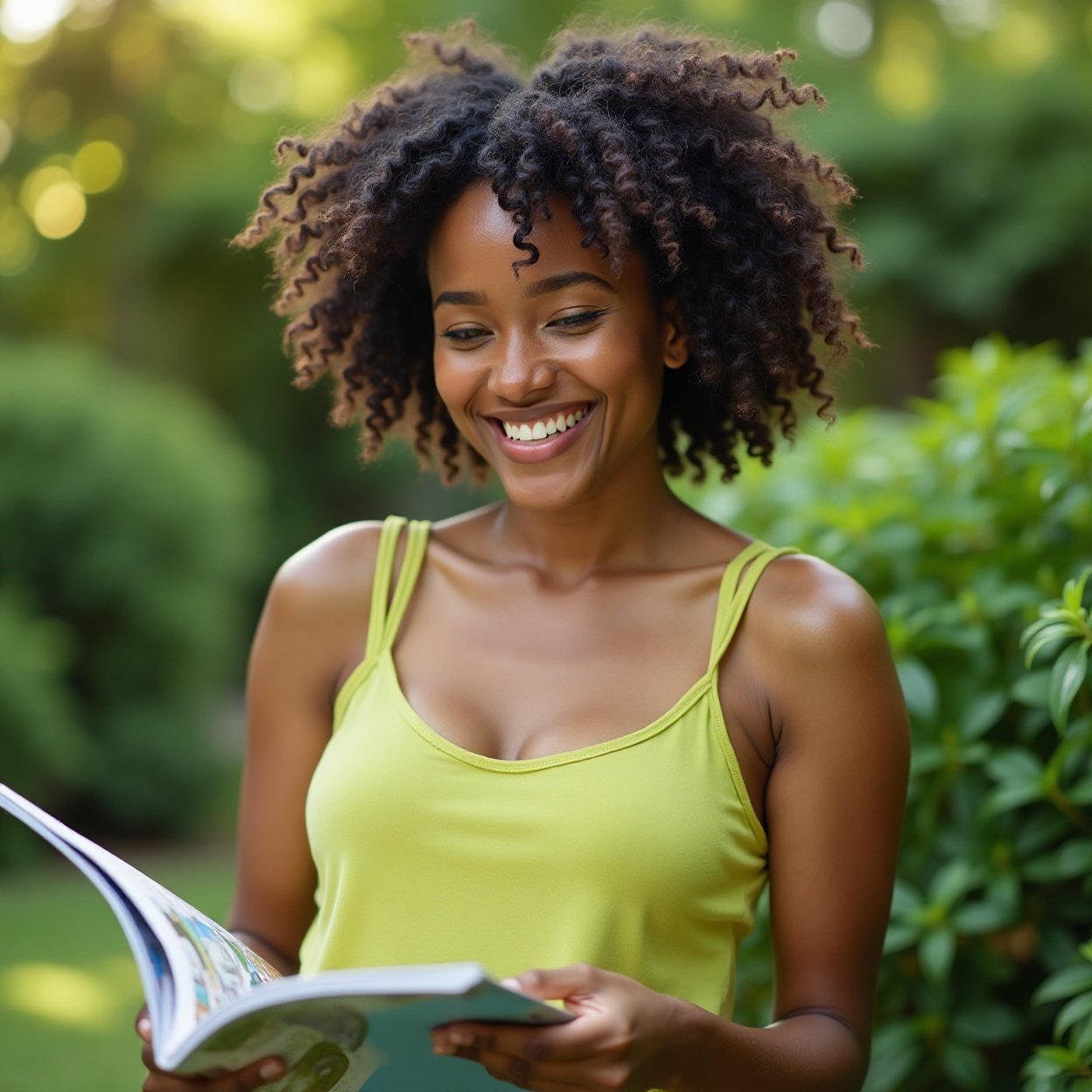 A beautiful, smiling Black woman with a lovely bust, wearing a bright green, low-cut yellow t-shirt with straps, is looking at a travel magazine in her garden. A beautiful, smiling Black woman with a lovely bust, wearing a bright green, low-cut yellow t-shirt with straps, is looking at a travel magazine in her garden.