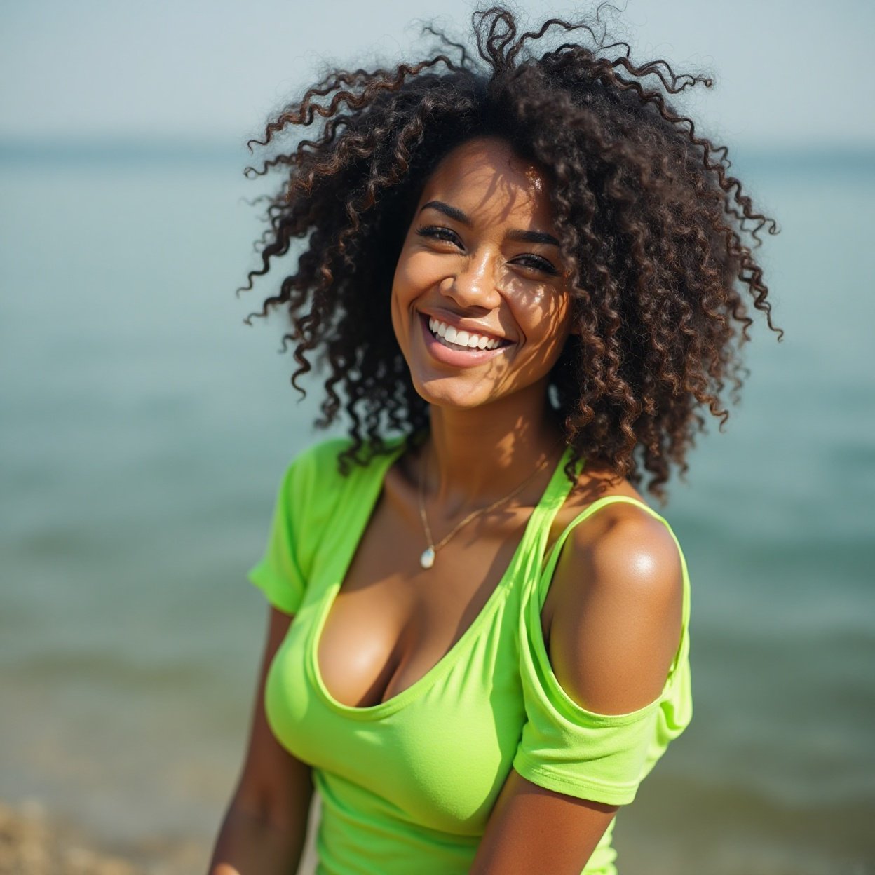 A beautiful, smiling Black woman with a lovely bust, wearing a low-cut, strappy neon green t-shirt, sitting by the water's A beautiful, smiling Black woman with a lovely bust, wearing a low-cut, strappy neon green t-shirt, sitting by the water's