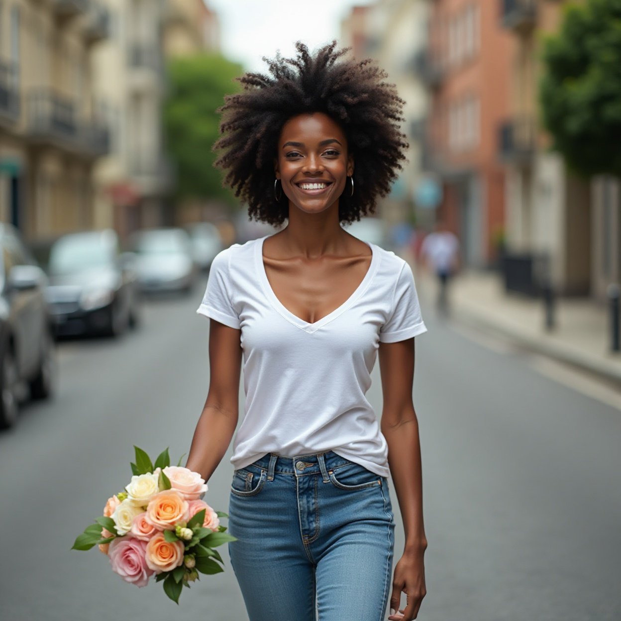 A beautiful, smiling Black woman, with a lovely bust, wearing a low-cut t-shirt and jeans, is strolling down the street with a bouquet in her hand. A beautiful, smiling Black woman, with a lovely bust, wearing a low-cut t-shirt and jeans, is strolling down the street with a bouquet in her hand.