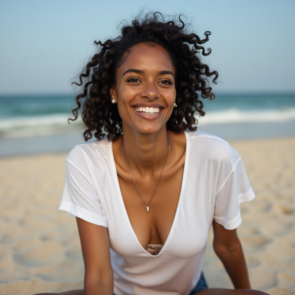 A beautiful, smiling Black woman with a lovely bust, wearing a low-cut white t-shirt, sitting on the sand of a beach A beautiful, smiling Black woman with a lovely bust, wearing a low-cut white t-shirt, sitting on the sand of a beach