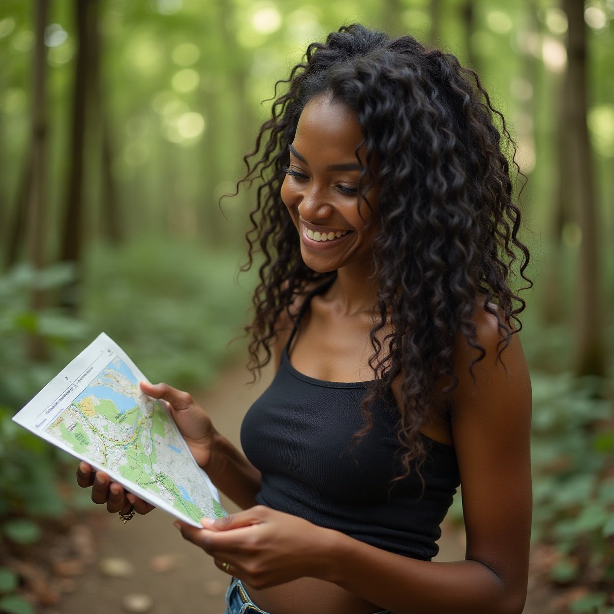 A beautiful, smiling Black woman with a lovely chest on a forest path, long hair, looking at her map A beautiful, smiling Black woman with a lovely chest on a forest path, long hair, looking at her map