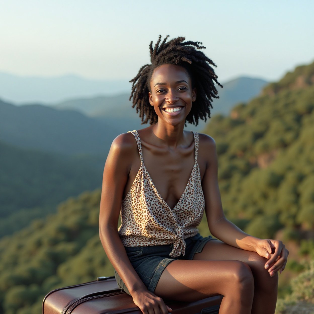 A beautiful, smiling Black woman with a lovely chest, sitting on her suitcase at the top of the mountain A beautiful, smiling Black woman with a lovely chest, sitting on her suitcase at the top of the mountain