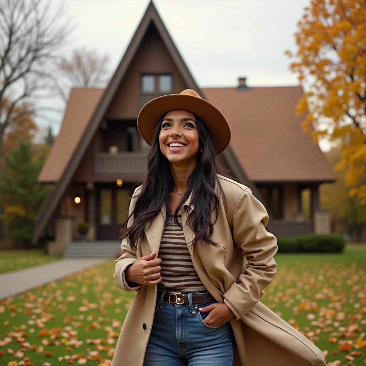 A beautiful, smiling Black woman with a lovely figure, wearing a hat, enjoying the autumnal atmosphere while strolling near the beautiful triangular house A beautiful, smiling Black woman with a lovely figure, wearing a hat, enjoying the autumnal atmosphere while strolling near the beautiful triangular house