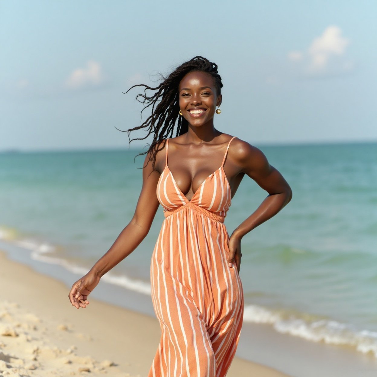 A beautiful, smiling Black woman with a lovely figure, wearing a long, low-cut orange and white summer dress with stra A beautiful, smiling Black woman with a lovely figure, wearing a long, low-cut orange and white summer dress with straps, at the seaside