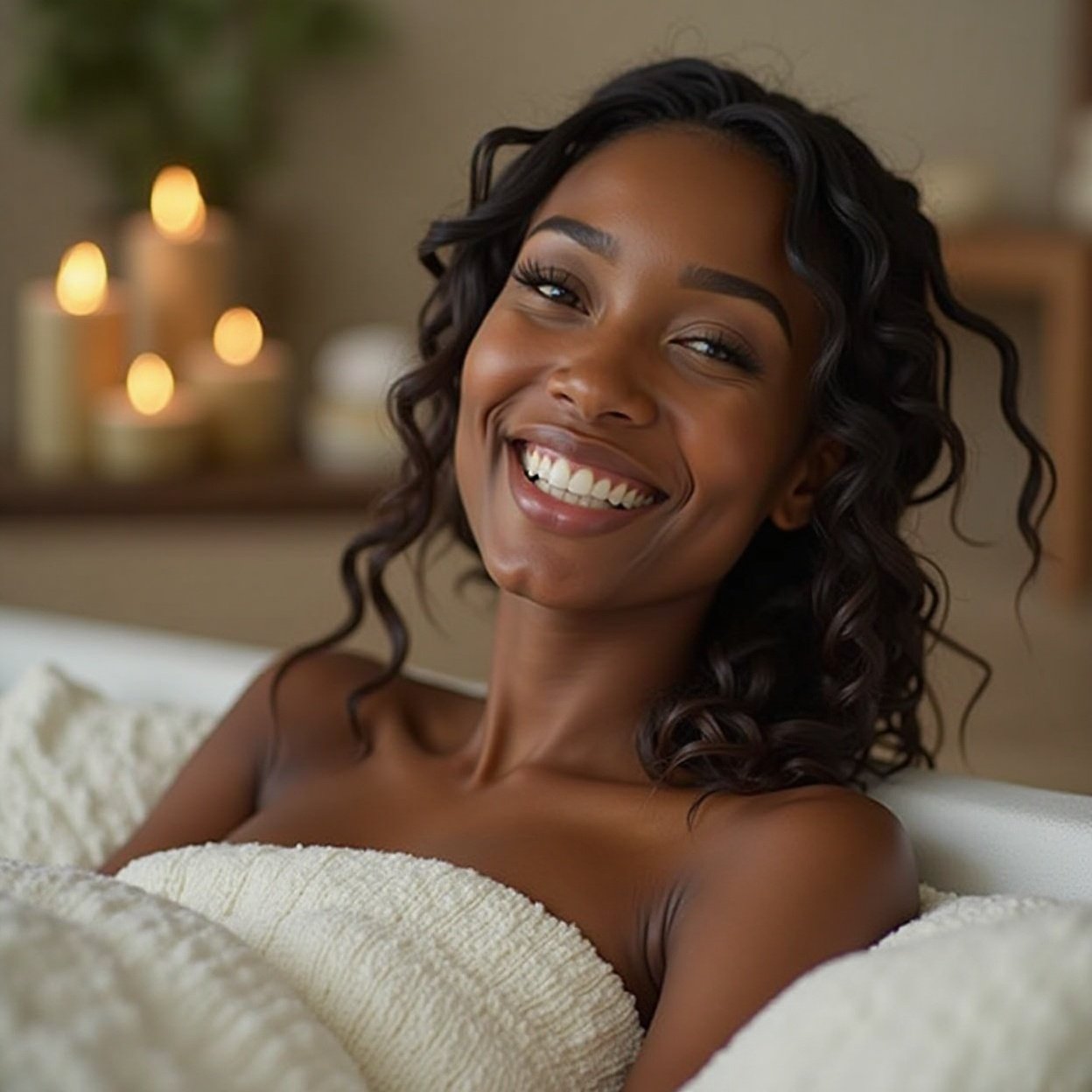 A beautiful, smiling Black woman with long hair, relaxing in her spa.