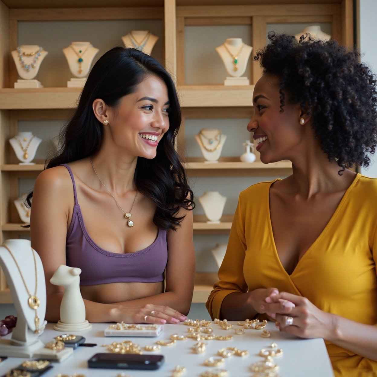 A beautiful, smiling Chinese woman with a lovely bust, dressed in yellow, is chatting with a Black woman with a lovely bust, A beautiful, smiling Chinese woman with a lovely bust, dressed in yellow, is chatting with a Black woman with a lovely bust, dressed in a purple tank top, as they look at costume jewelry in a shop.