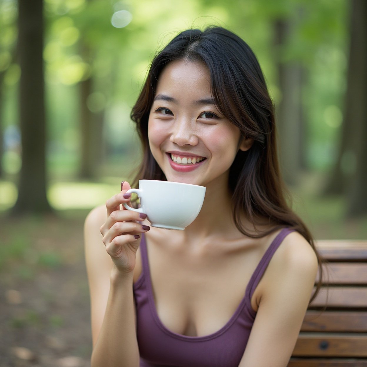 A beautiful, smiling Chinese woman with a lovely bust, wearing a purple tank top, is drinking coffee on a bench in a wooded park. A beautiful, smiling Chinese woman with a lovely bust, wearing a purple tank top, is drinking coffee on a bench in a wooded park.