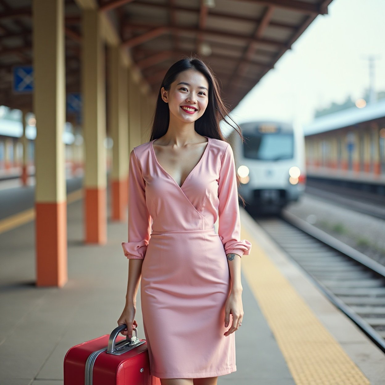 A beautiful, smiling Chinese woman with a lovely figure, dressed in pink, with her suitcase on a train platform A beautiful, smiling Chinese woman with a lovely figure, dressed in pink, with her suitcase on a train platform.