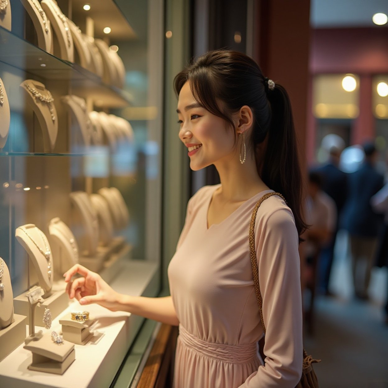 A beautiful, smiling Chinese woman with a lovely figure, looking at a jewelry store window A beautiful, smiling Chinese woman with a lovely figure, looking at a jewelry store window.