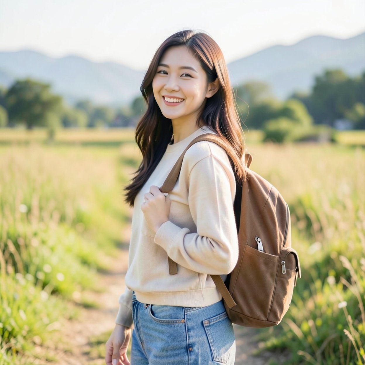 A beautiful, smiling Chinese woman with long hair and a lovely figure, carrying a backpack in the countryside