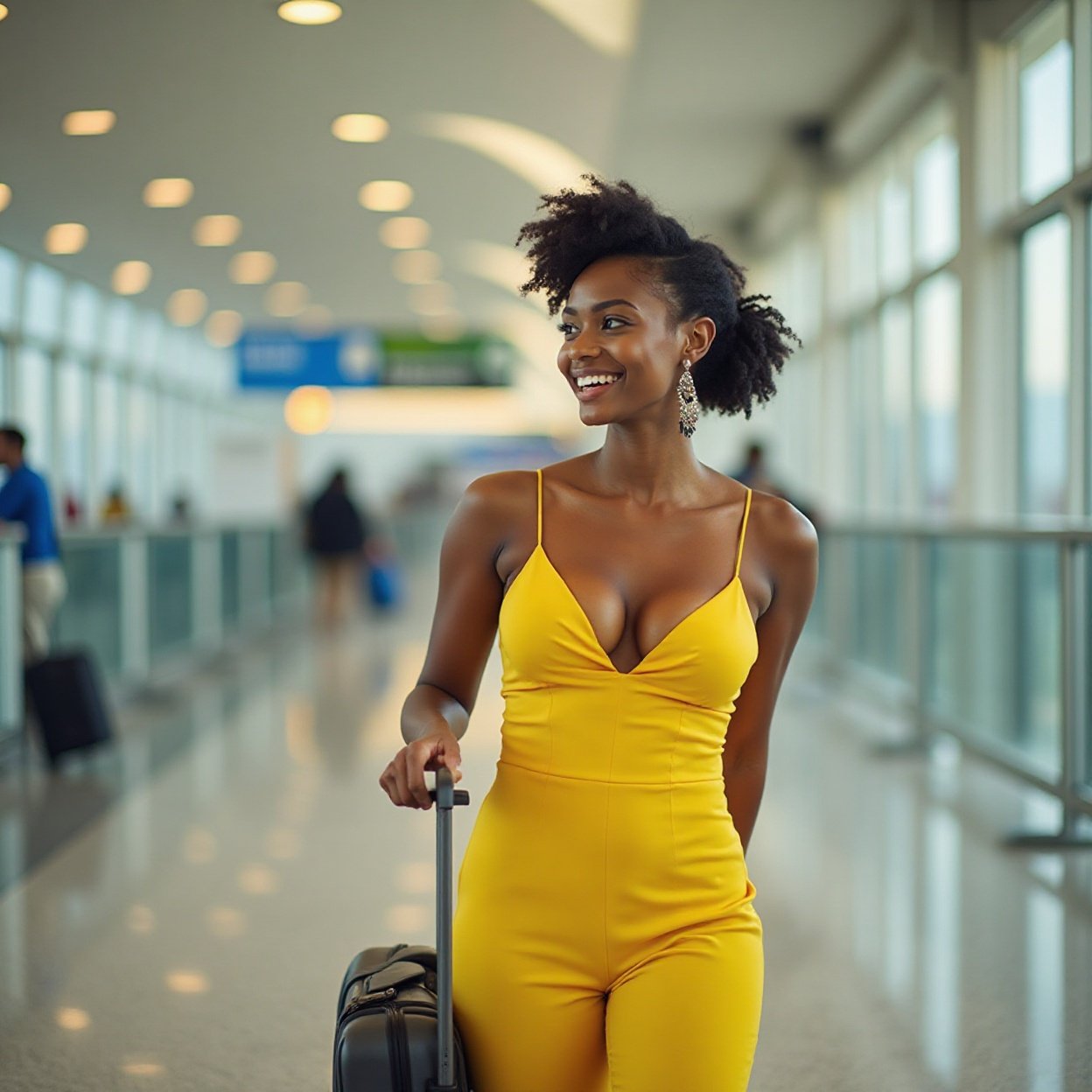 A beautiful, smiling black woman with a lovely bust, dressed in yellow, with her suitcase in an airport terminal A beautiful, smiling black woman with a lovely bust, dressed in yellow, with her suitcase in an airport terminal.