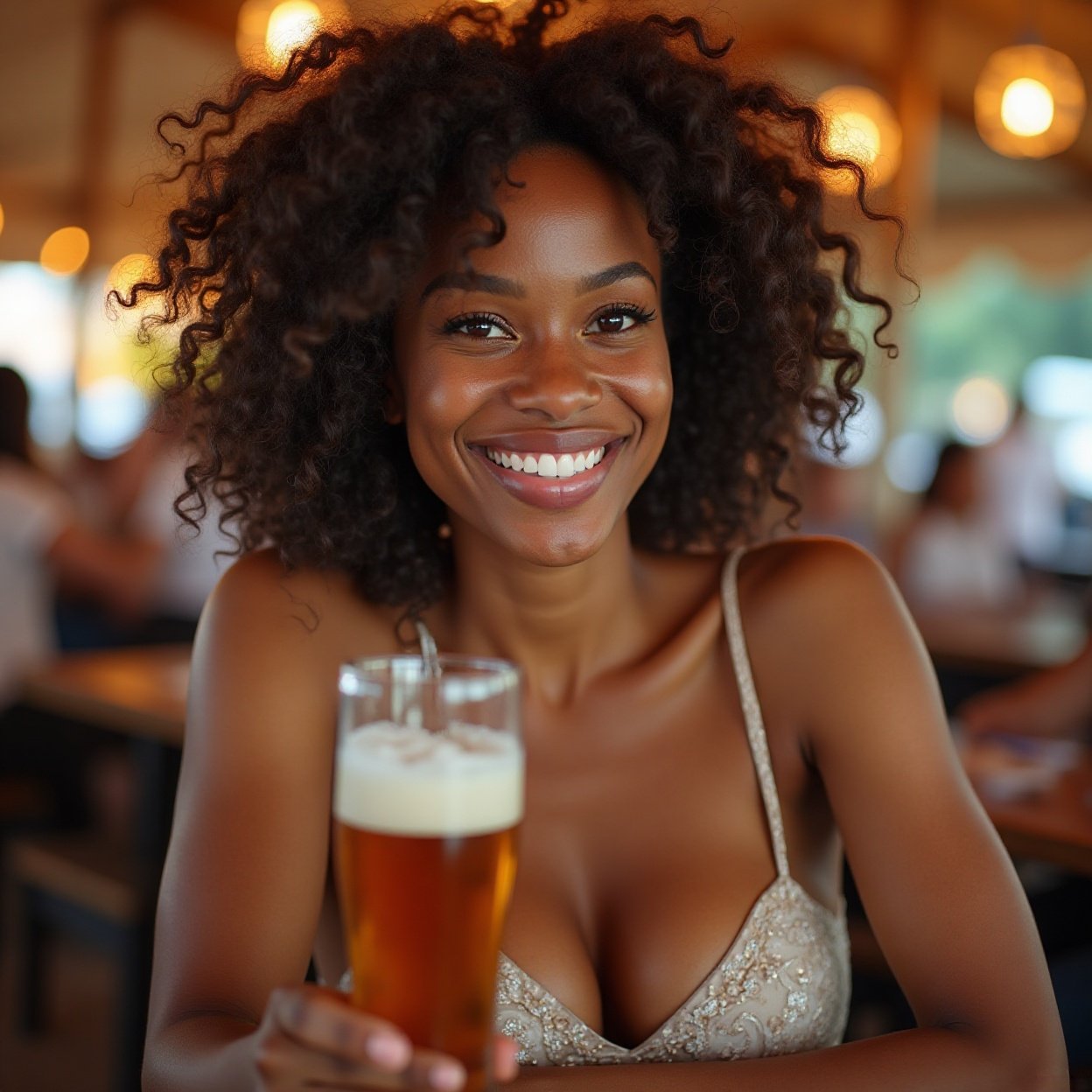 A beautiful, smiling black woman with a lovely bust, holding a glass of beer at the beer festival A beautiful, smiling black woman with a lovely bust, holding a glass of beer at the beer festival