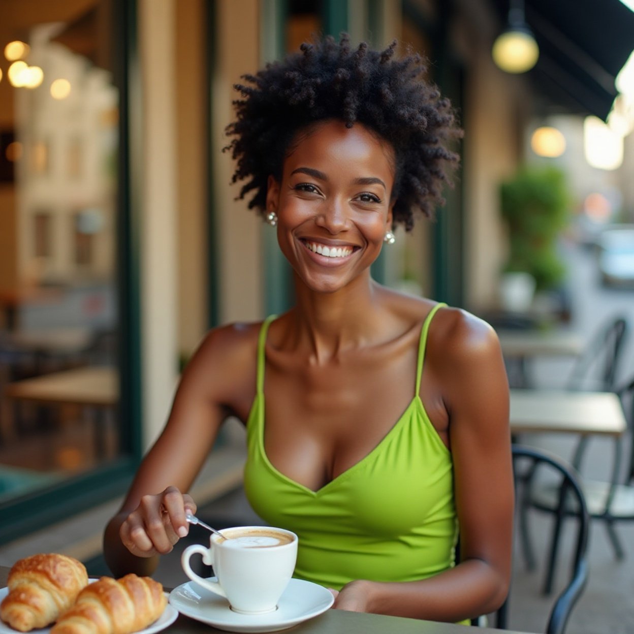 A beautiful, smiling black woman with a lovely bust, wearing a bright green tank top, is having coffee and croissants on a cafe terrace. A beautiful, smiling black woman with a lovely bust, wearing a bright green tank top, is having coffee and croissants on a cafe terrace.