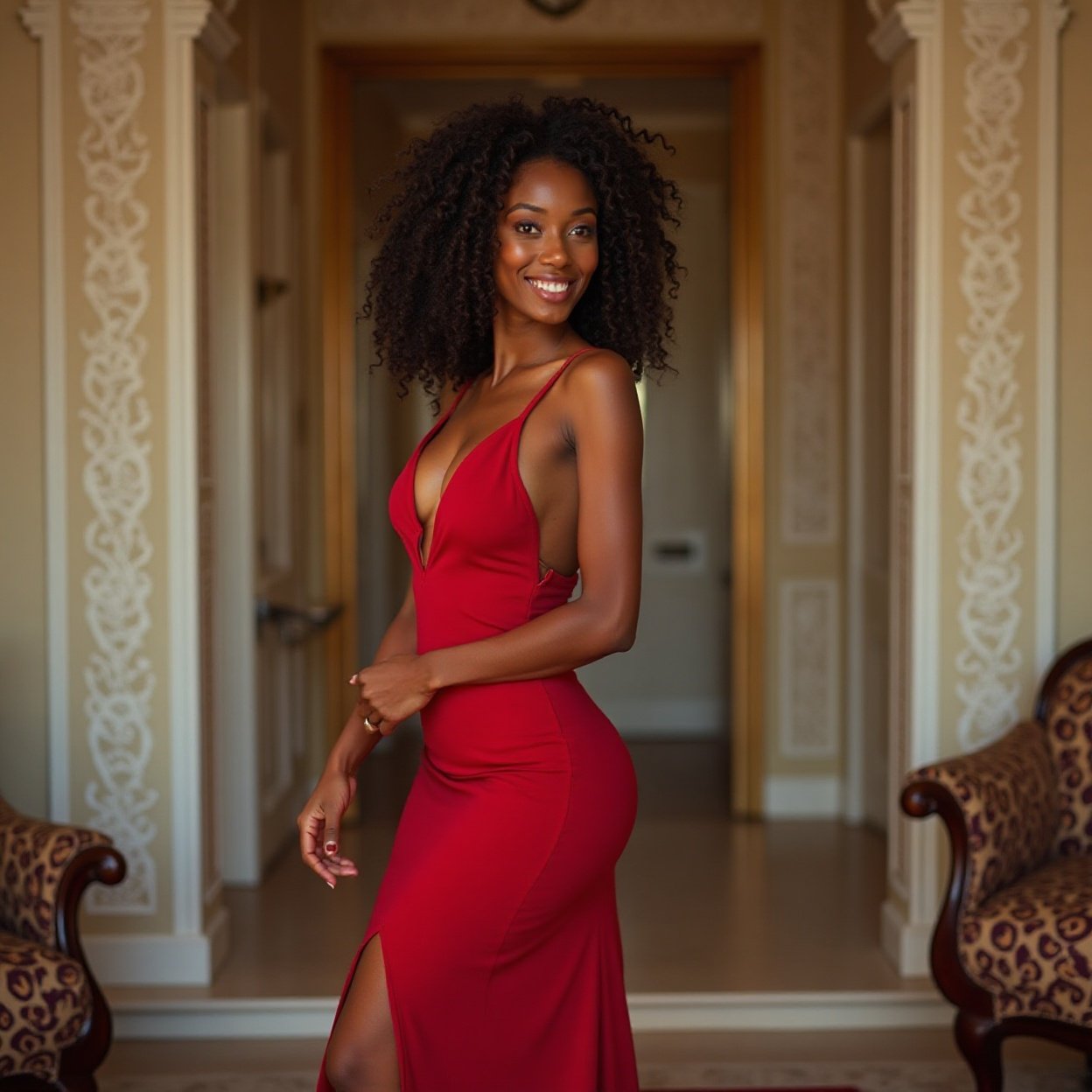 A beautiful, smiling black woman with a lovely bust, wearing a long, red, slit dress in the magnificent interior of the rented house. A beautiful, smiling black woman with a lovely bust, wearing a long, red, slit dress in the magnificent interior of the rented house.