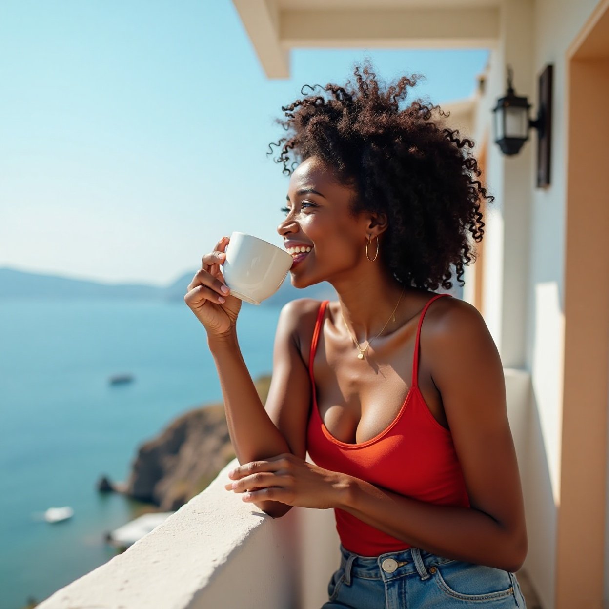 A beautiful, smiling black woman with a lovely bust, wearing a red tank top, is drinking coffee on the wall of a seaside terrace in Greece. A beautiful, smiling black woman with a lovely bust, wearing a red tank top, is drinking coffee on the wall of a seaside terrace in Greece.