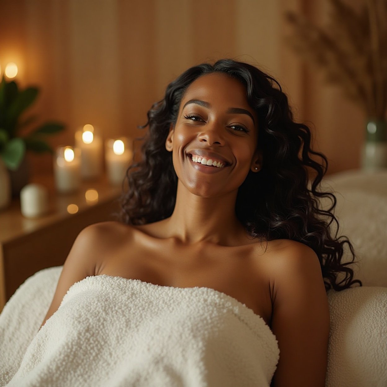 A beautiful, smiling black woman with long hair is enjoying a luxurious, holistic wellness experience in a soothing spa atmosphere, surrounded by elements that promote tranquility. A beautiful, smiling black woman with long hair is enjoying a luxurious, holistic wellness experience in a soothing spa atmosphere, surrounded by elements that promote tranquility.