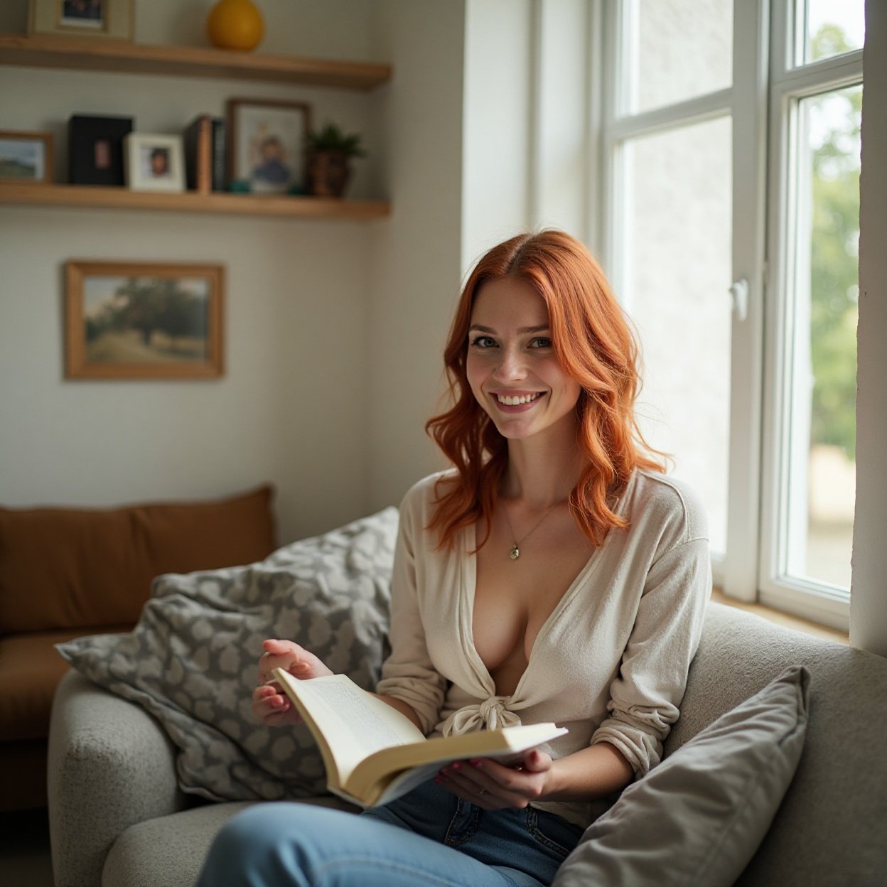 A beautiful, smiling red-haired woman reading a book in her living room