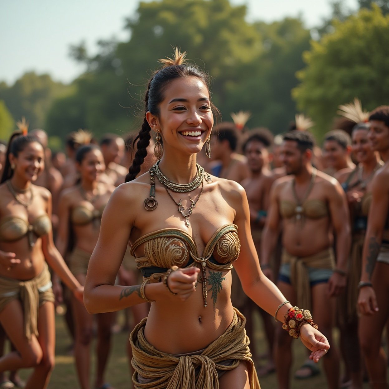 A beautiful smiling woman, beautiful breasts, dancing with natives A beautiful smiling woman, beautiful breasts, dancing with natives