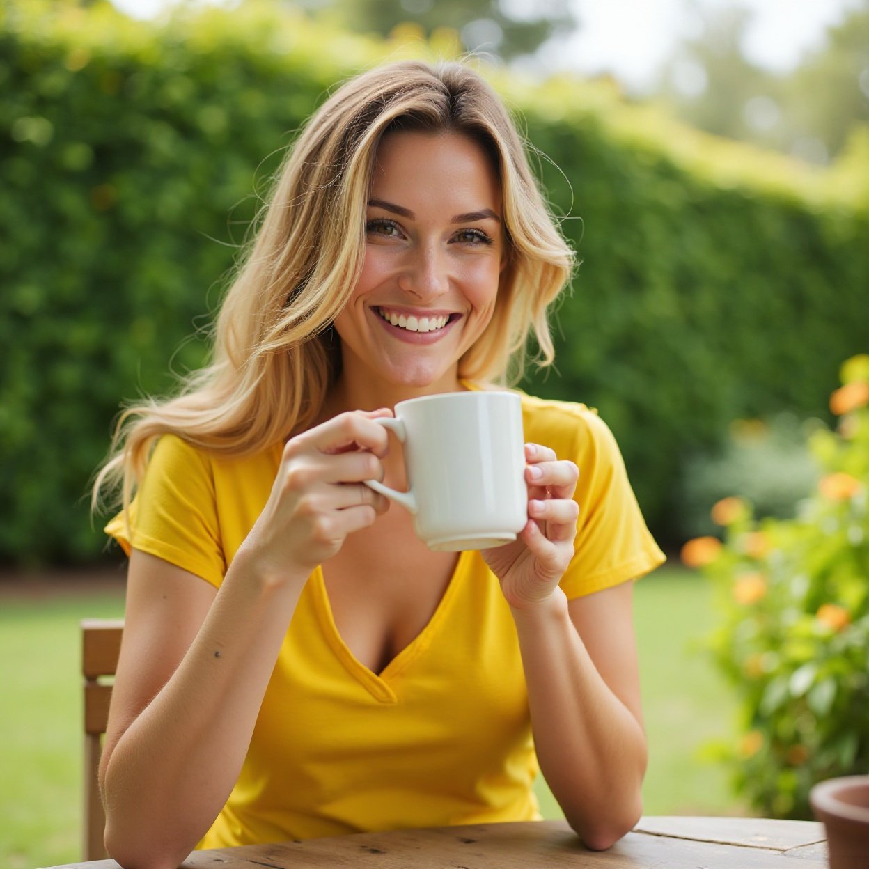 A beautiful, smiling woman in a bright yellow t-shirt is décollette drinking her coffee, sitting at a table in her garden.