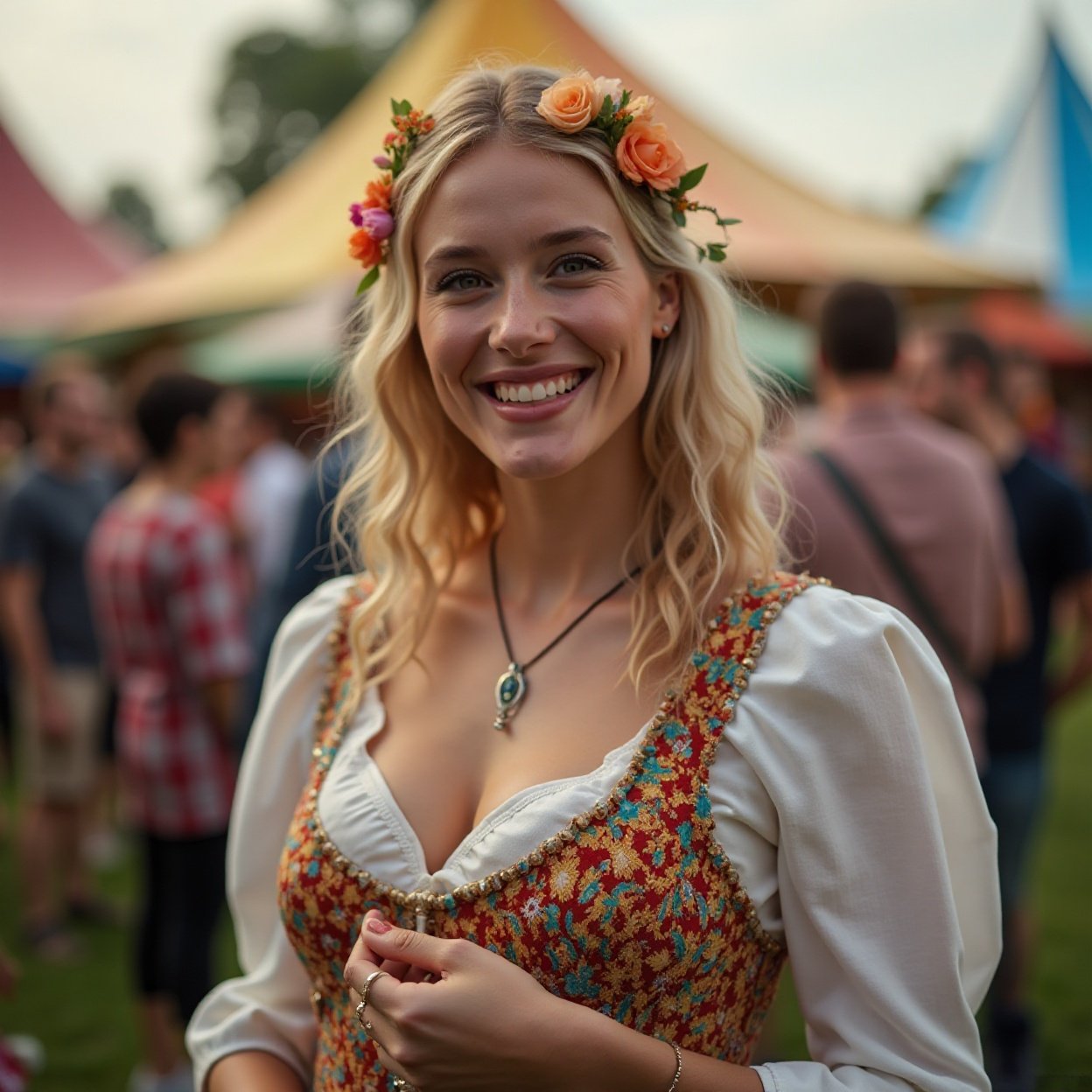 A beautiful smiling woman with a lovely bosom at a folk carnival A beautiful smiling woman with a lovely bosom at a folk carnival