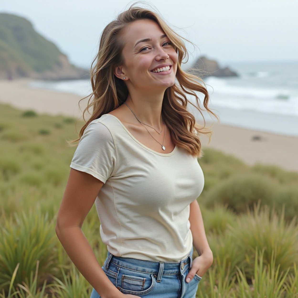 A beautiful, smiling woman with a lovely bust, wearing a t-shirt and denim shorts, in a coastal field by the sea. A beautiful, smiling woman with a lovely bust, wearing a t-shirt and denim shorts, in a coastal field by the sea.