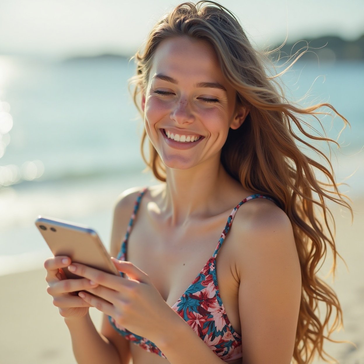 A beautiful, smiling woman with a lovely chest, on the beach, looking at her phone A beautiful, smiling woman with a lovely chest, on the beach, looking at her phone.