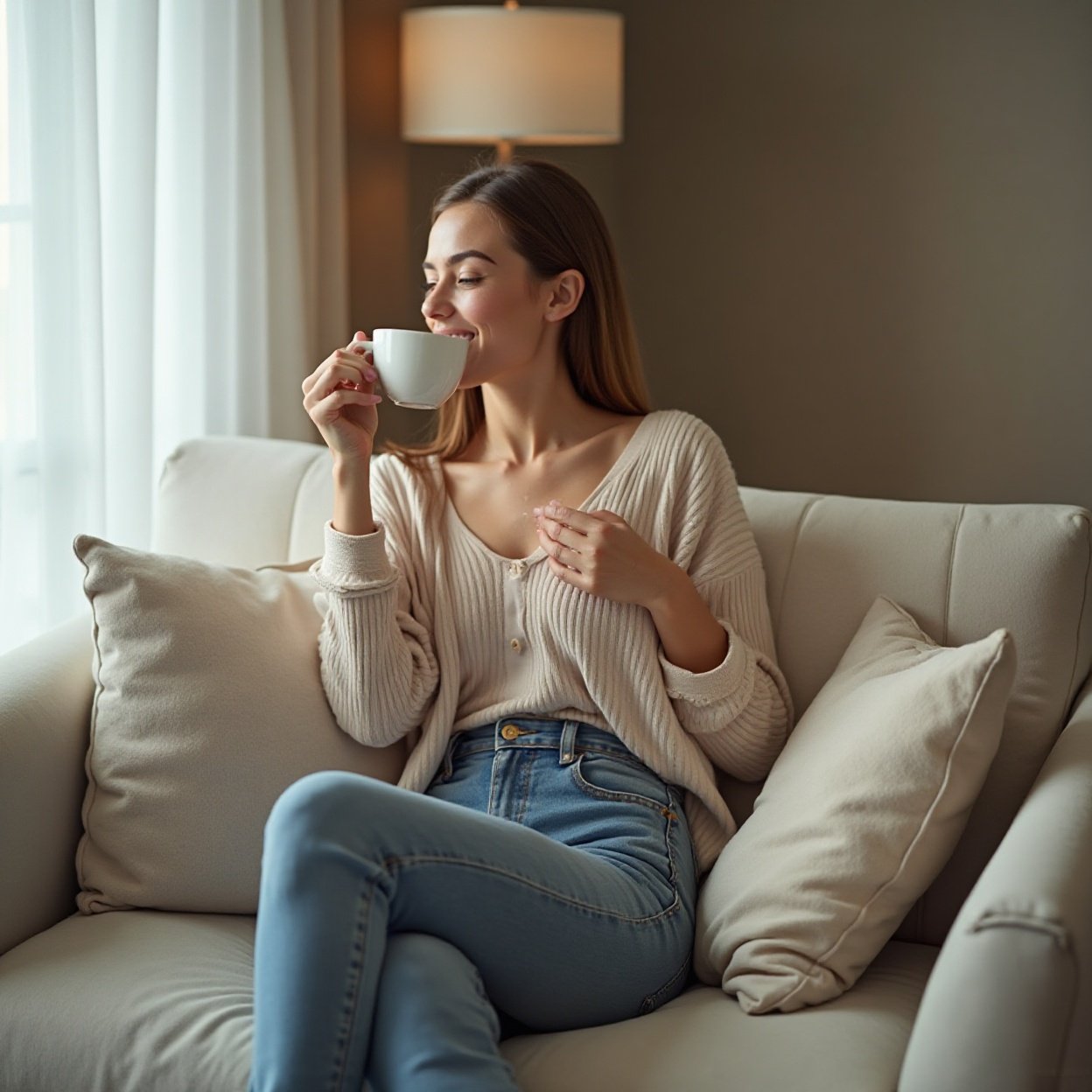 A beautiful, smiling woman with a lovely figure, sitting on her comfortable sofa drinking coffee A beautiful, smiling woman with a lovely figure, sitting on her comfortable sofa drinking coffee