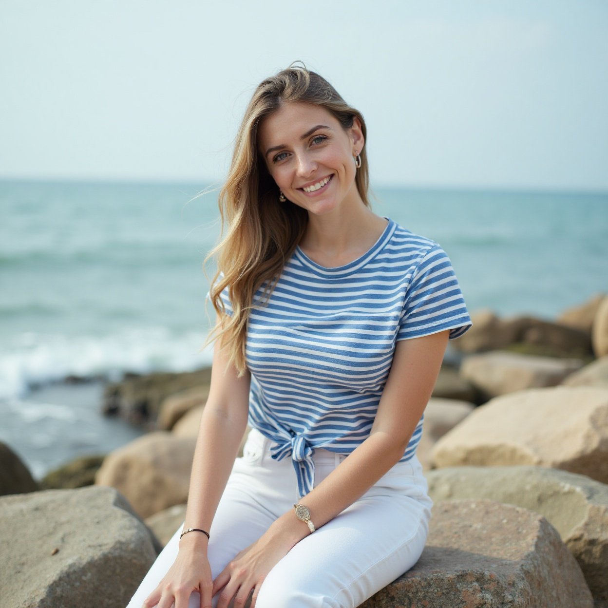 A beautiful, smiling woman with a lovely figure, wearing a blue and white striped T-shirt and white trousers, sitting on a rock near the sea A beautiful, smiling woman with a lovely figure, wearing a blue and white striped T-shirt and white trousers, sitting on a rock near the sea