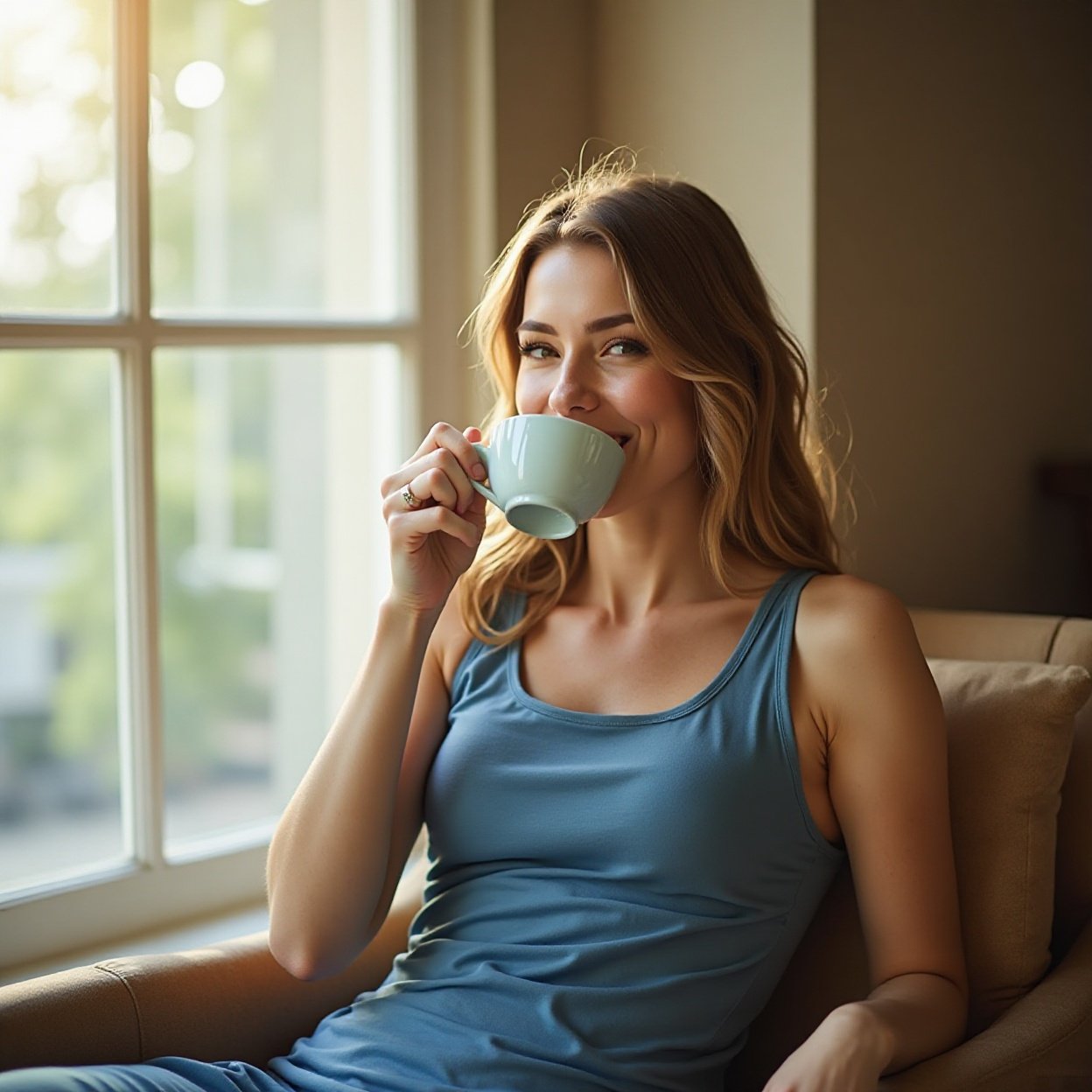 A beautiful, smiling woman with a lovely figure, wearing a blue tank top, is drinking coffee in her armchair next to a sunlit window A beautiful, smiling woman with a lovely figure, wearing a blue tank top, is drinking coffee in her armchair next to a sunlit window.