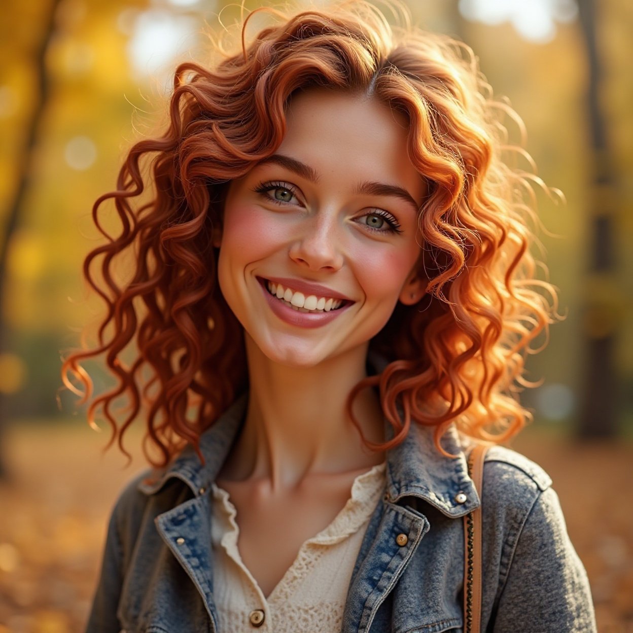 A beautiful, smiling woman with curly red hair and a lovely figure, evoking the warm atmosphere of autumn days. A beautiful, smiling woman with curly red hair and a lovely figure, evoking the warm atmosphere of autumn days.