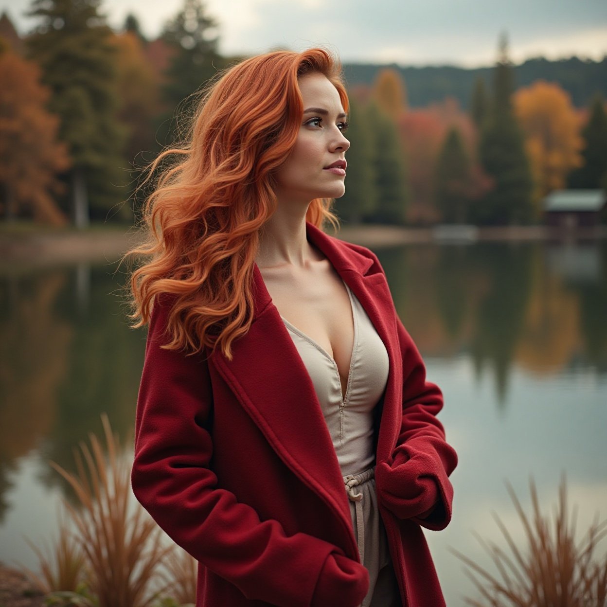 A beautiful woman, red hair, beautiful breasts, long red coat, looking at a lake in autumn A beautiful woman, red hair, beautiful breasts, long red coat, looking at a lake in autumn