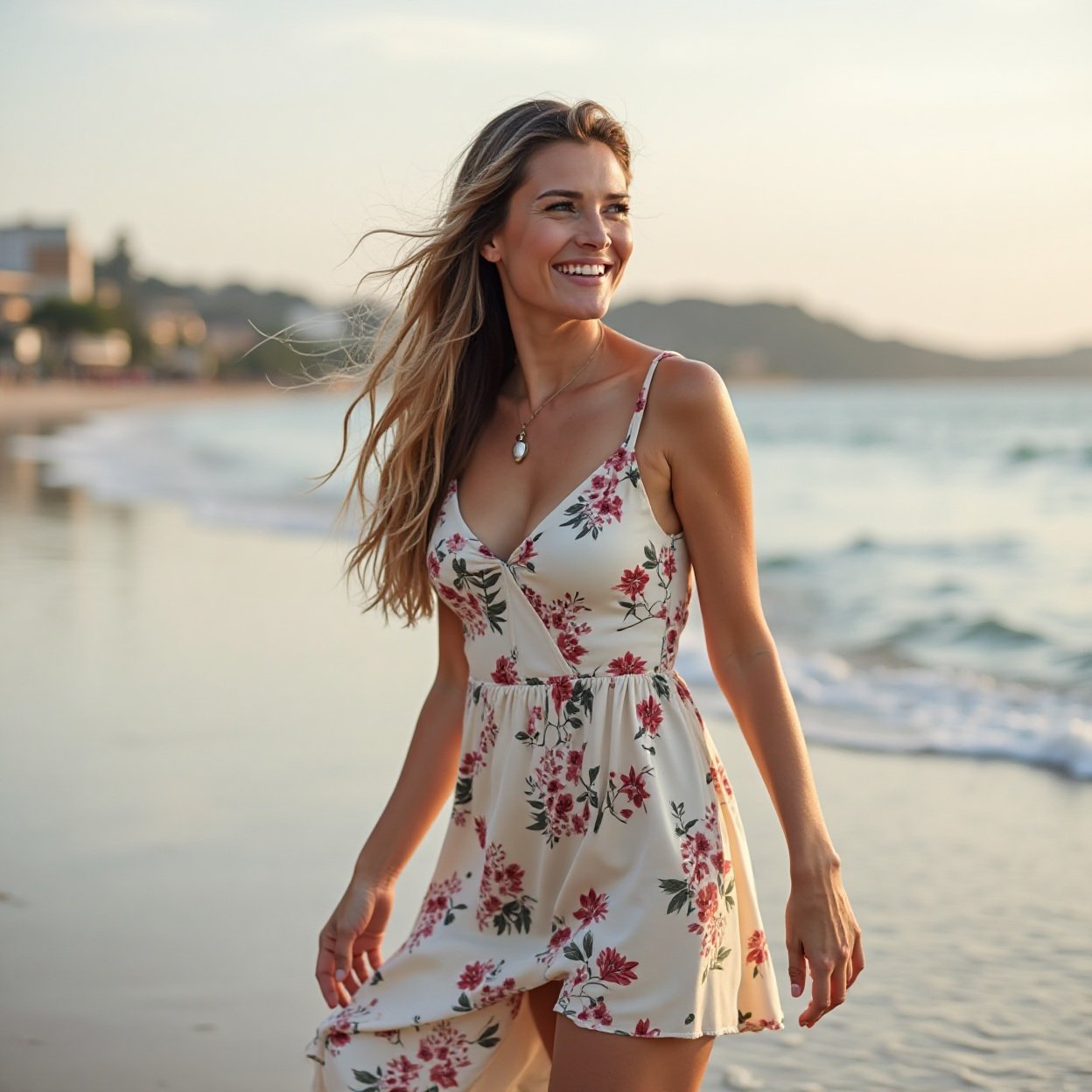 A beautiful woman, smiling, with a lovely figure, wearing a floral dress, walking along the shore A beautiful woman, smiling, with a lovely figure, wearing a floral dress, walking along the shore